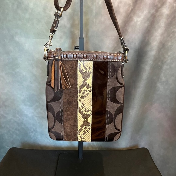 Coach Signature Striped Snake Print Crossbody Bag Brown - Picture 4 of 11